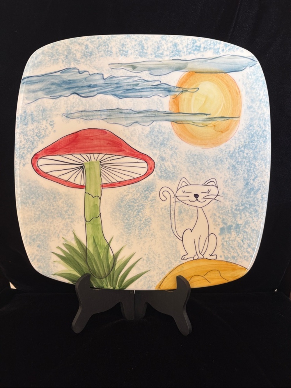 SECLA of Portugal Vintage Hand-Painted Decorative Plate with Red Mushroom & Cat